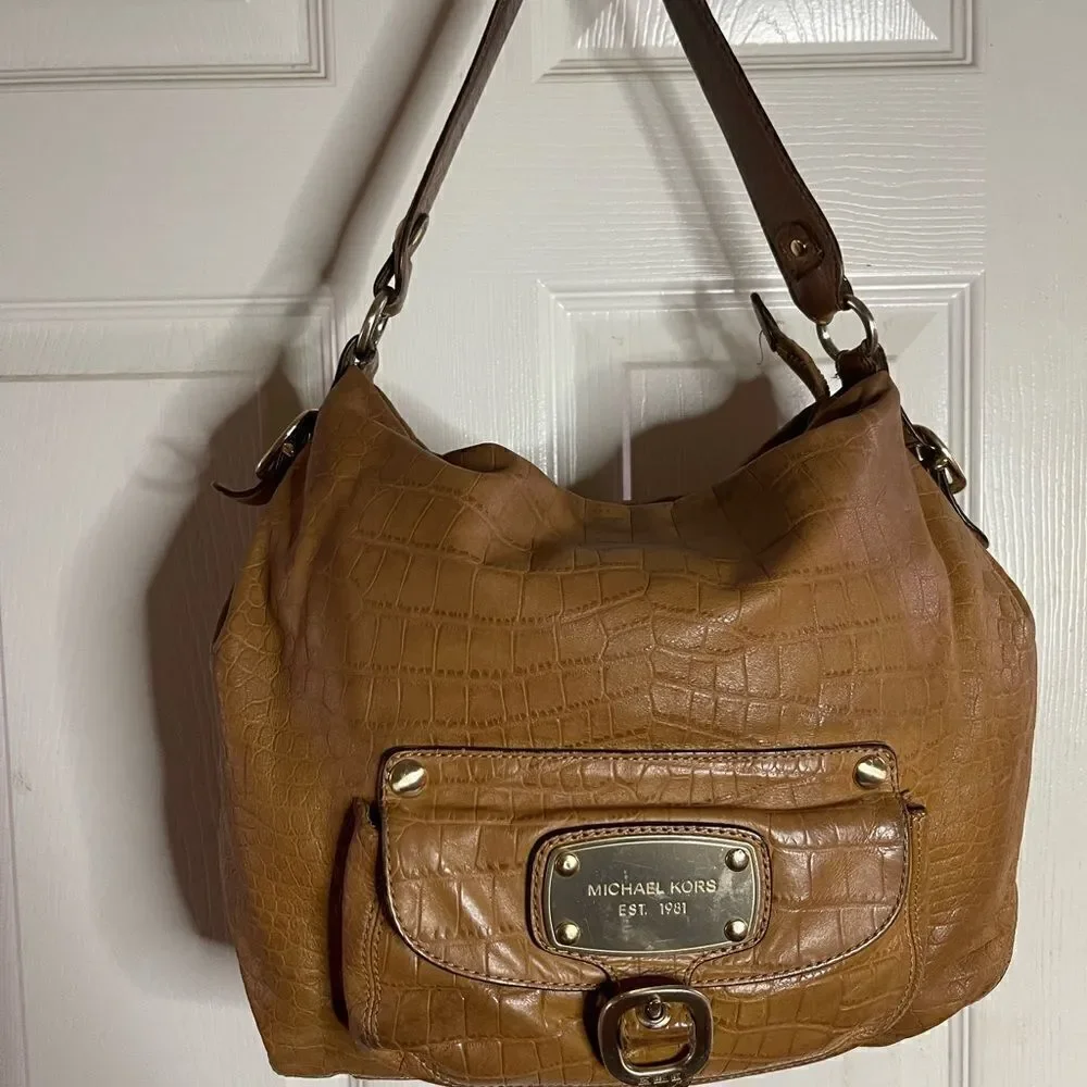 Michael Kors Tan leather crocs embossed shoulder bag with gold tone hard…